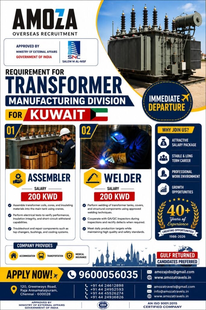 Kuwait Transformer Manufacturing Jobs 2026 – Assembler & Welder Vacancies Kuwait Transformer Manufacturing Jobs 2026 – Assembler & Welder Vacancies