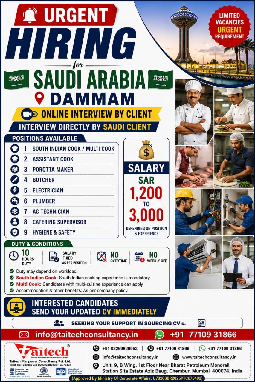 Saudi Arabia Jobs 2026 – Dammam Vacancies for Cooks, Technicians and Catering Staff