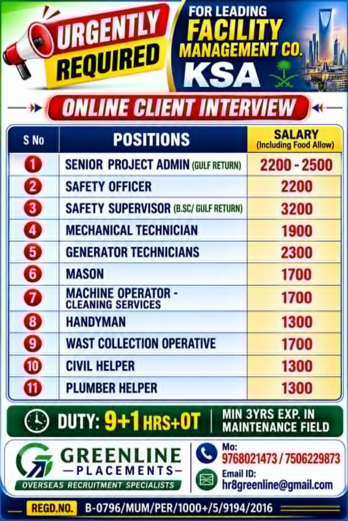 Saudi Arabia Jobs 2026 – Urgent Hiring for Facility Management Company Saudi Arabia Jobs 2026 – Urgent Hiring for Facility Management Company
