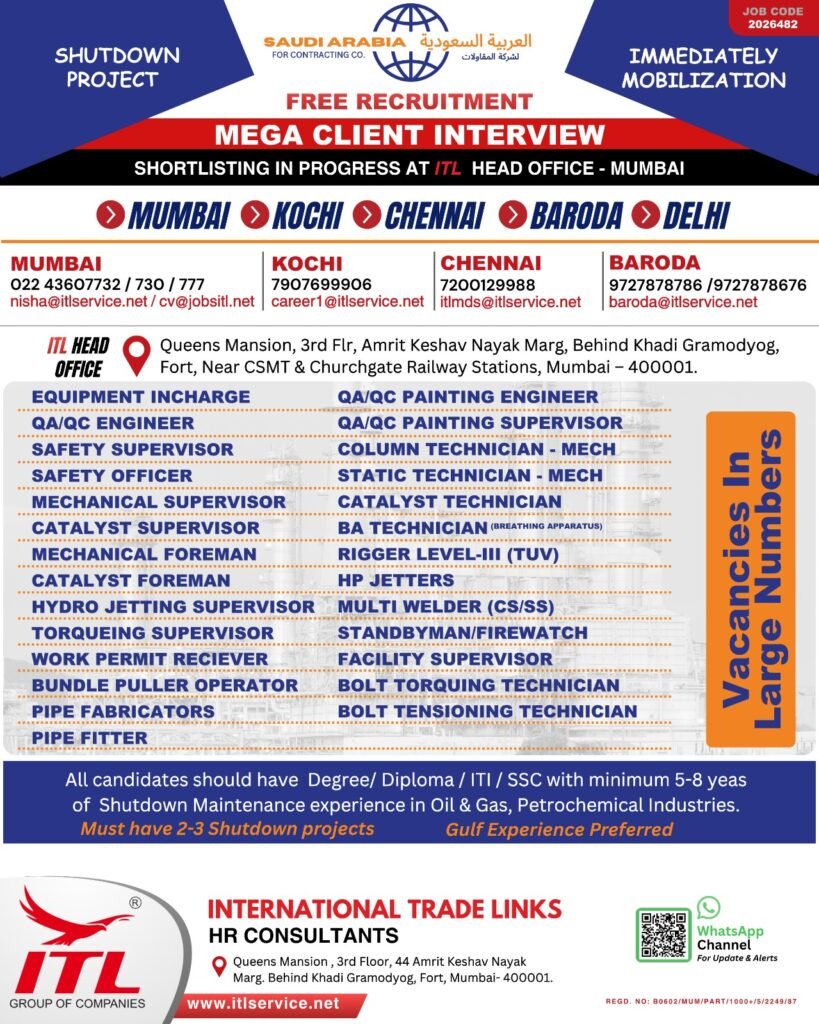 Saudi Arabia Shutdown Project Jobs 2026 – Free Recruitment for Oil & Gas Professionals