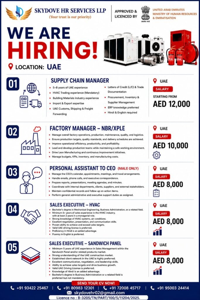 UAE Jobs 2026 – Supply Chain Manager, Factory Manager, Personal Assistant & Sales Executive | Apply Now