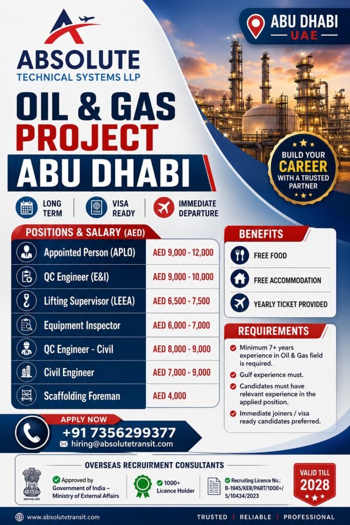 Abu Dhabi Oil & Gas Project Jobs 2026 – Engineers, QC, Inspectors & Supervisors