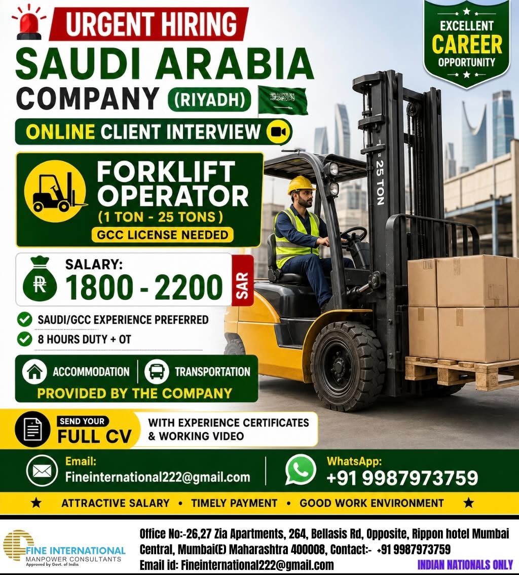 Saudi Arabia Jobs 2026: Forklift Operator Vacancy in Riyadh With Salary Up to SAR 2,200