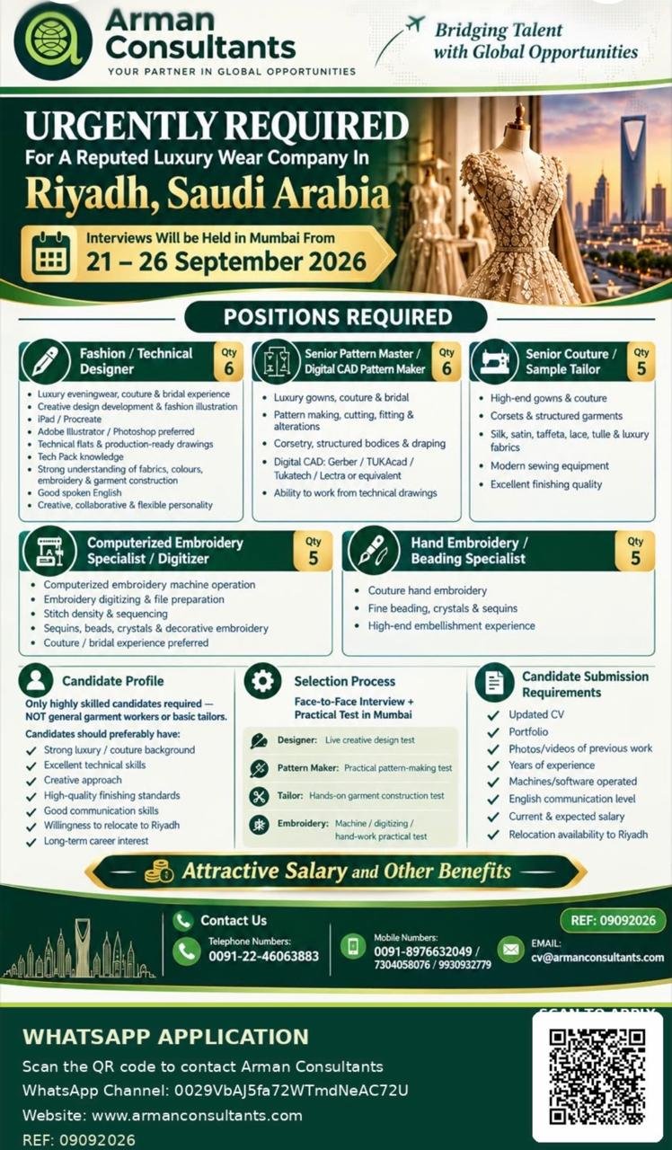 Saudi Arabia Jobs 2026 – Luxury Wear Company Hiring in Riyadh