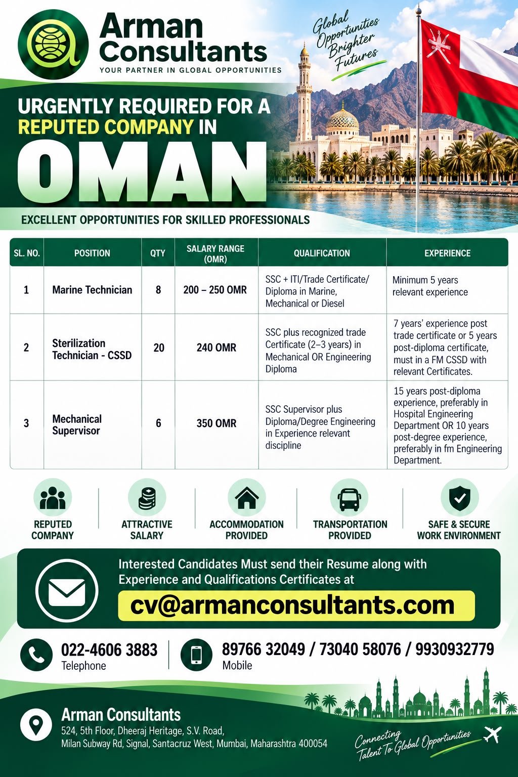 Oman Jobs 2026: Urgent Vacancies for Marine Technician, Sterilization Technician and Mechanical Supervisor