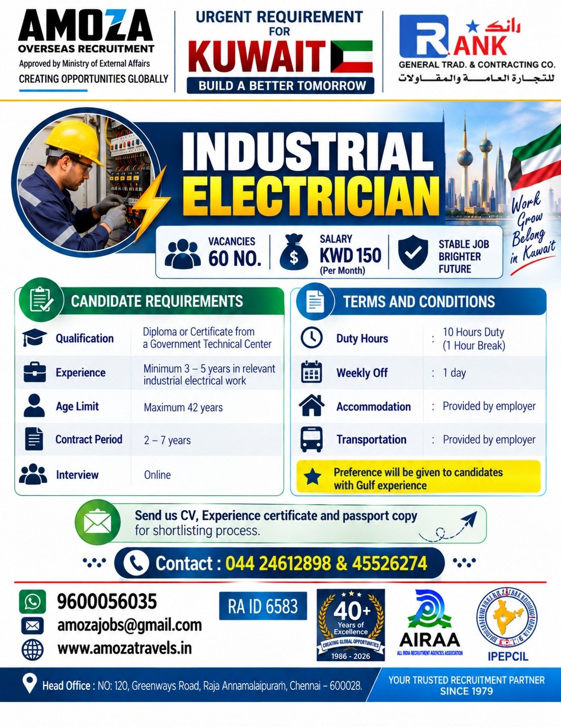 Kuwait Jobs 2026 – Industrial Electrician Vacancies | 60 Positions | KWD 150 Salary