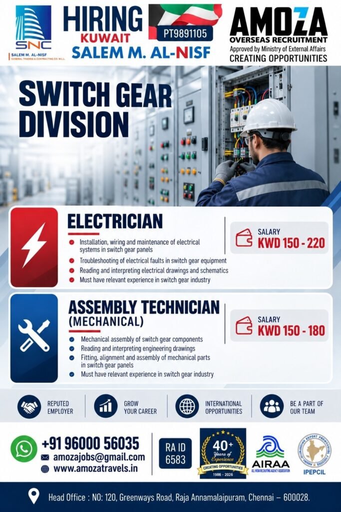 Kuwait Jobs 2026: Electrician and Assembly Technician Vacancies at Salem M. Al-Nisf