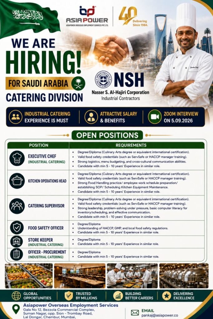 Saudi Arabia Catering Jobs 2026 – Urgent Hiring for Industrial Catering Professionals Saudi Arabia Catering Jobs 2026 – Urgent Hiring for Industrial Catering Professionals