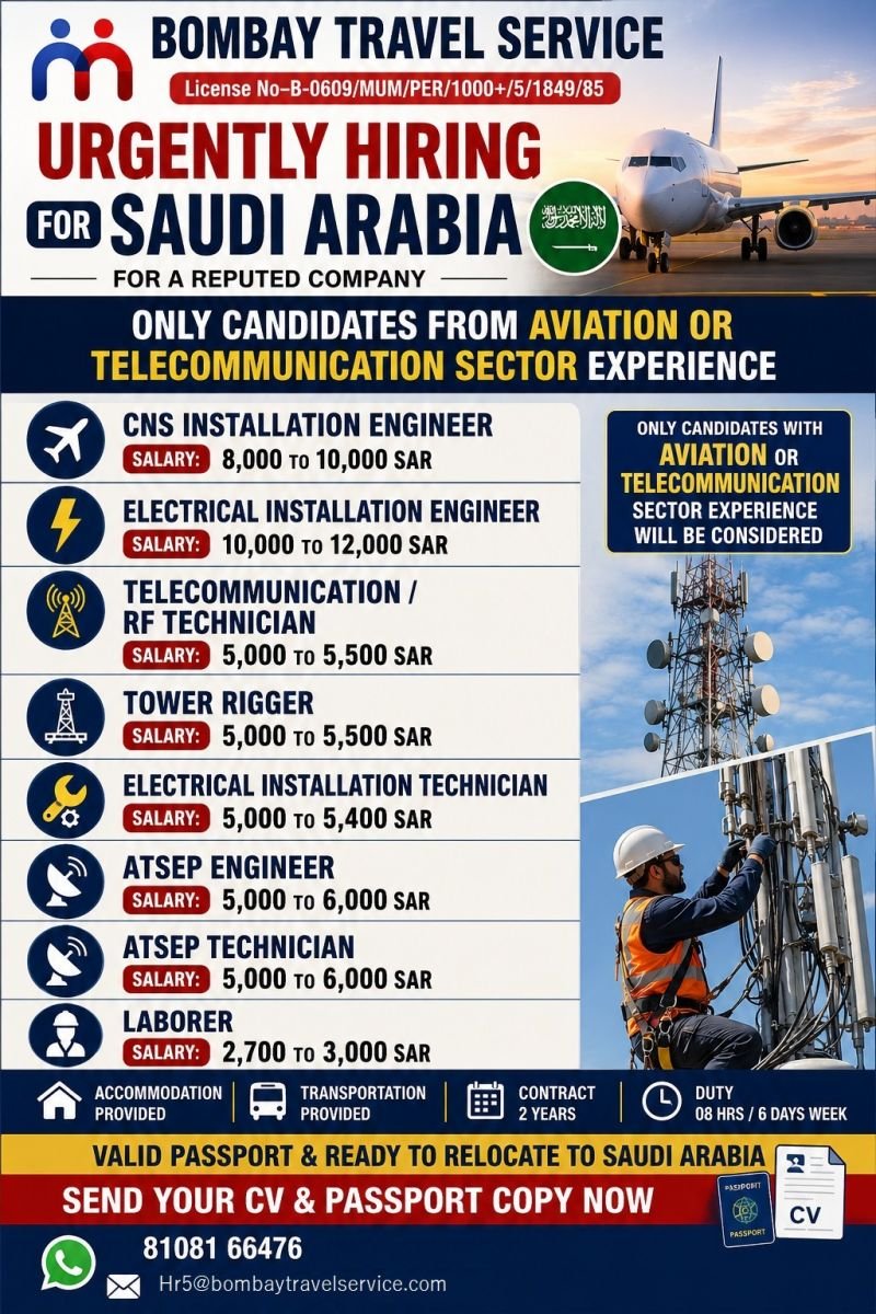 Saudi Arabia Jobs 2026: Urgent Aviation and Telecommunication Vacancies with Salaries Up to SAR 12,000