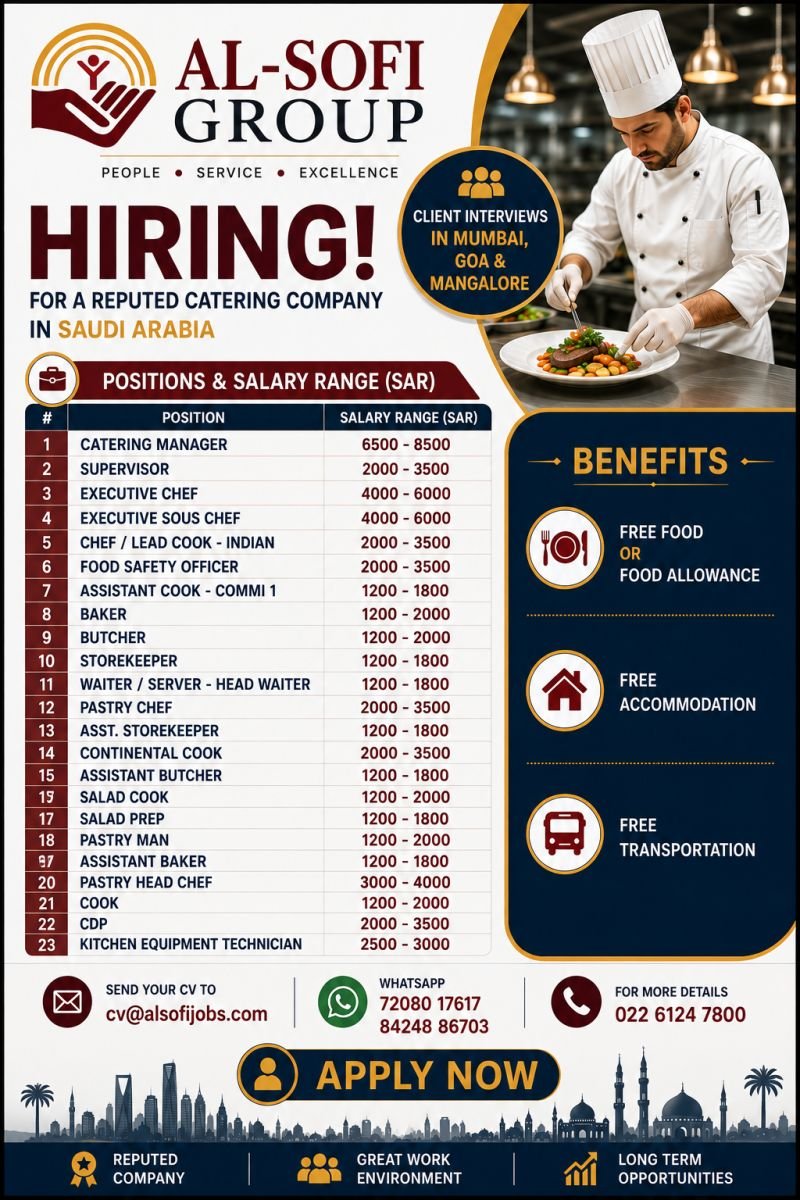 Saudi Arabia : Hiring Urgently For Reputed Catering Company