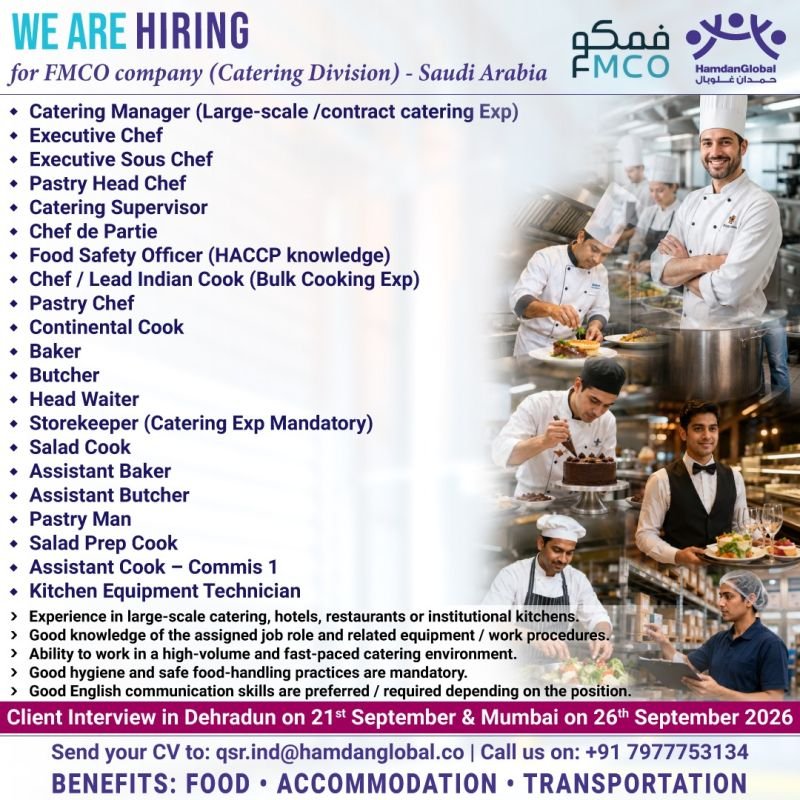 hiring for FMCO Company (Catering Division) - Saudi Arabia