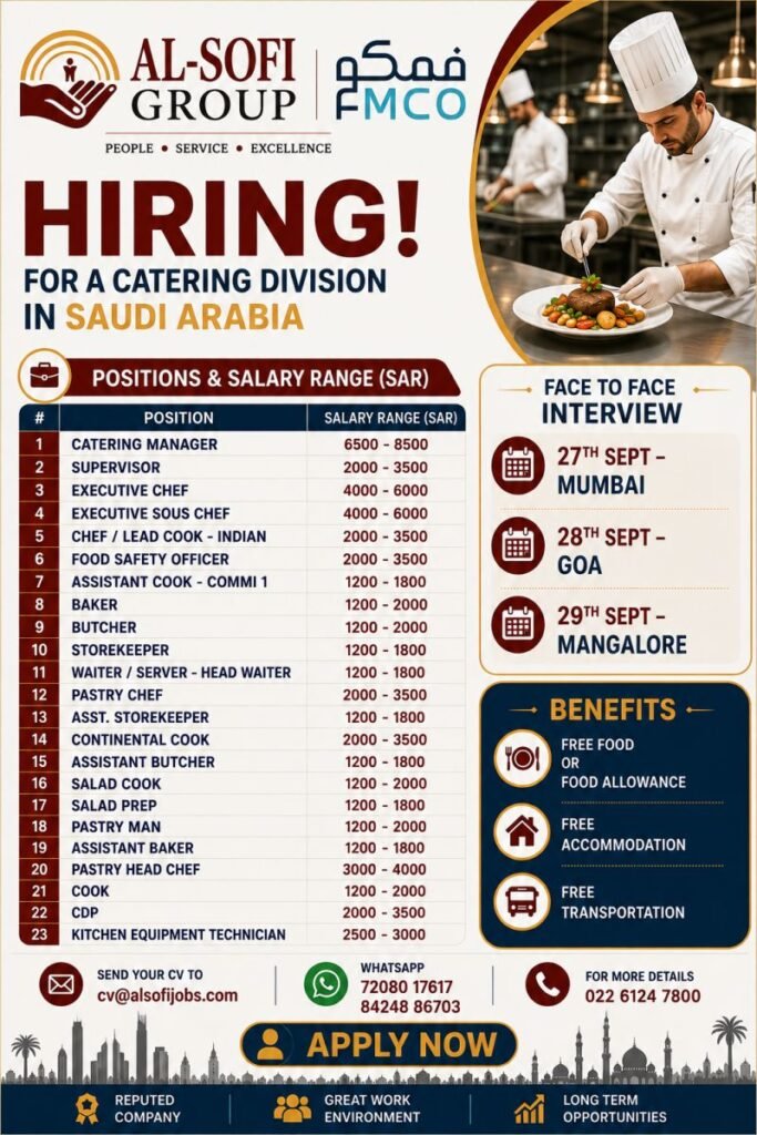 Saudi Arabia Jobs 2026: Catering Division Vacancies with Salary Up to SAR 8,500 Saudi Arabia Jobs 2026: Catering Division Vacancies with Salary Up to SAR 8,500
