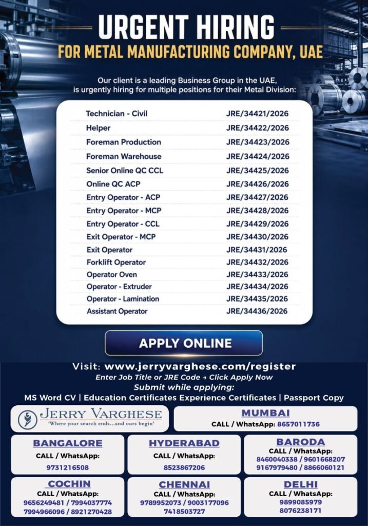 Urgent Hiring For a leading Business Group in UAE - Metal Division
