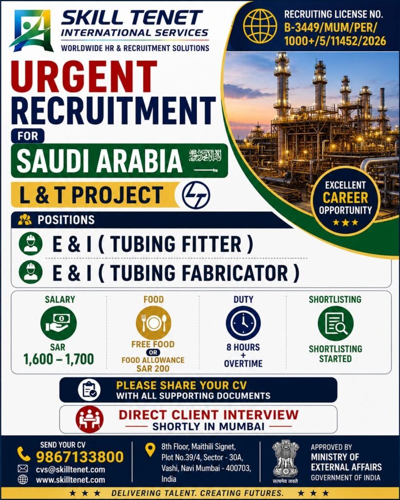 Saudi Arabia Jobs 2026: L&T Project Hiring for E&I Tubing Fitters and Tubing Fabricators