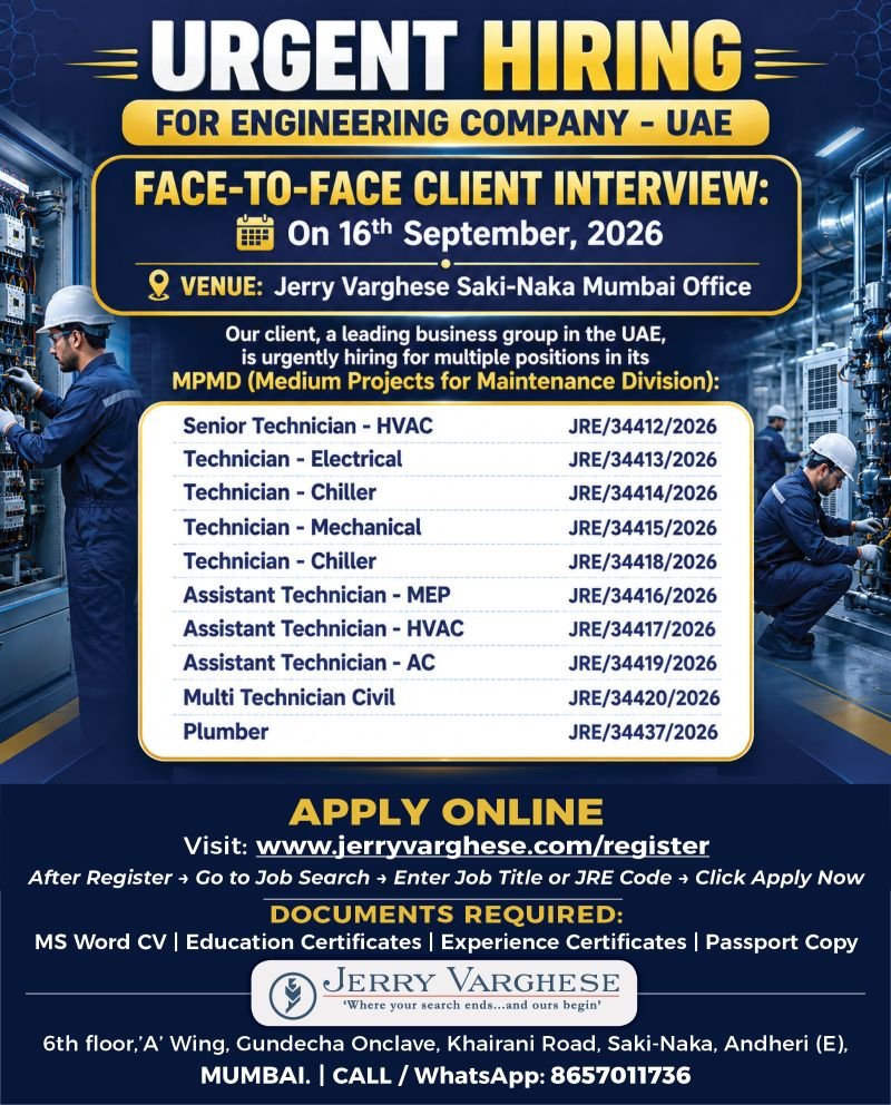 Urgent Hiring for Medium Projects for Maintenance (MPMD) - UAE