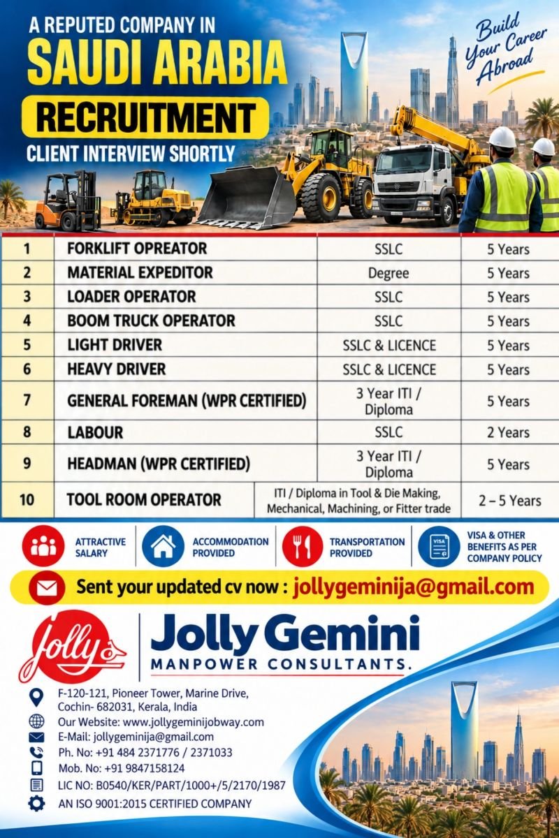 Saudi Arabia Jobs 2026: Forklift Operator, Driver, Loader Operator and Other Vacancies
