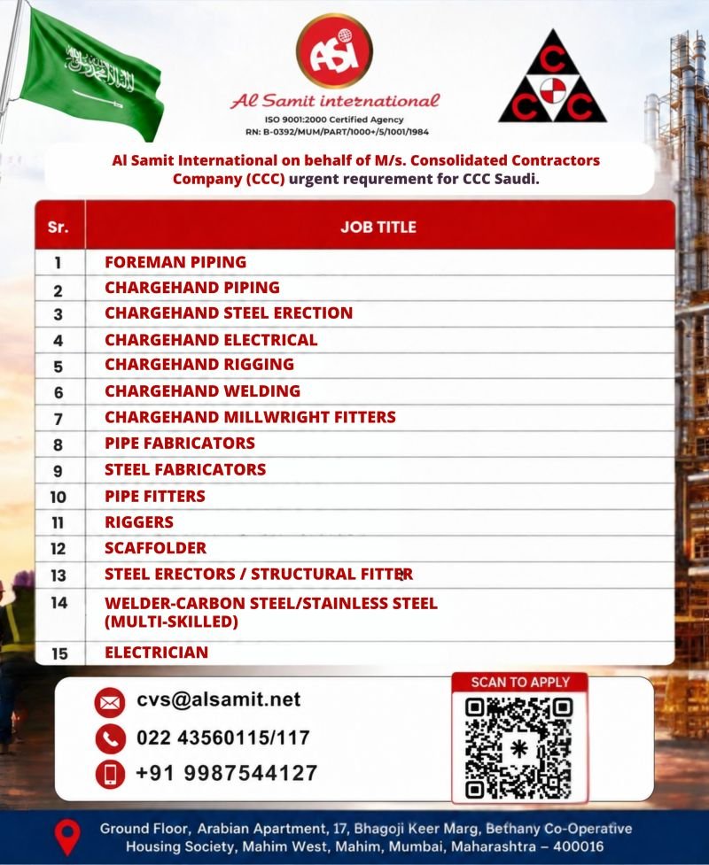 Saudi Arabia : Urgent Recruitment For M/s. Consolidated Contractors Company (CCC)