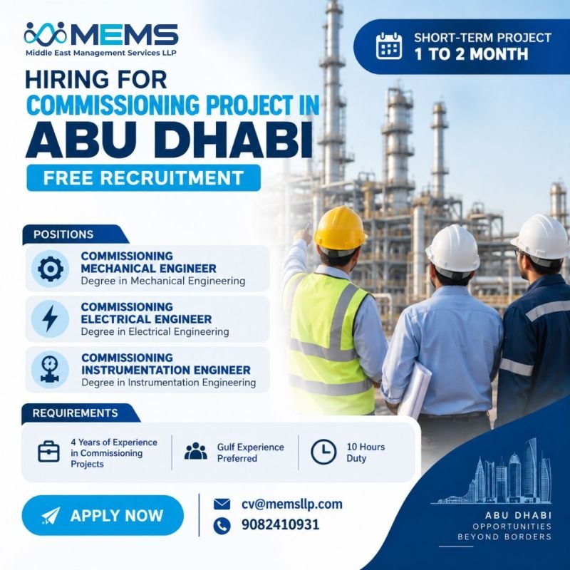 hiring Commissioning Engineers for a short-term project in Abu Dhabi.