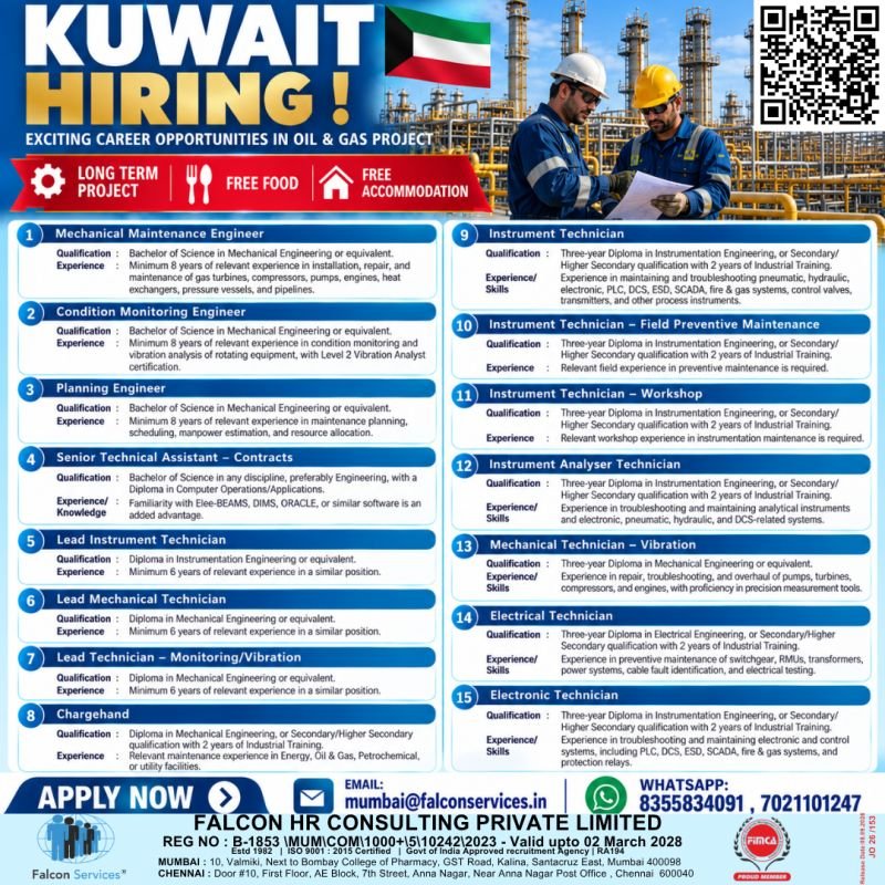 Kuwait : Hiring Urgently For Oil & Gas Project - Apply Now