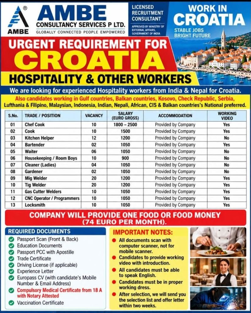 Urgent Hiring For Croatia - Hospitality Group