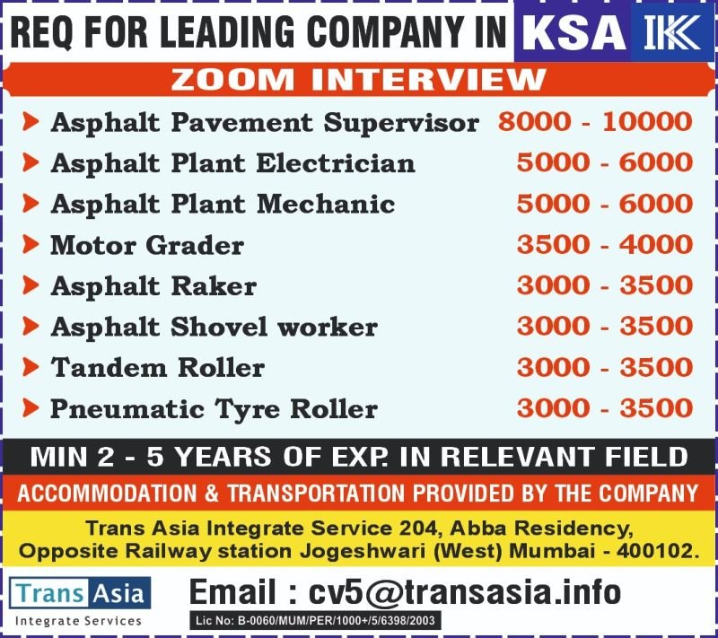Jobs in Saudi Arabia – Asphalt & Road Construction Sector