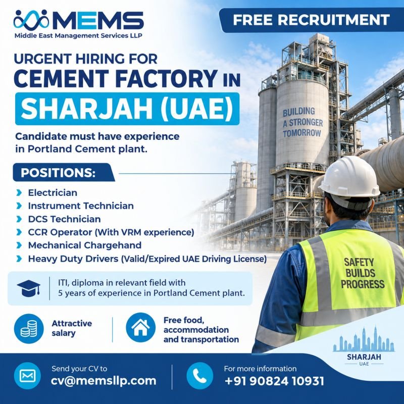 UAE : Urgent hiring for a leading cement factory