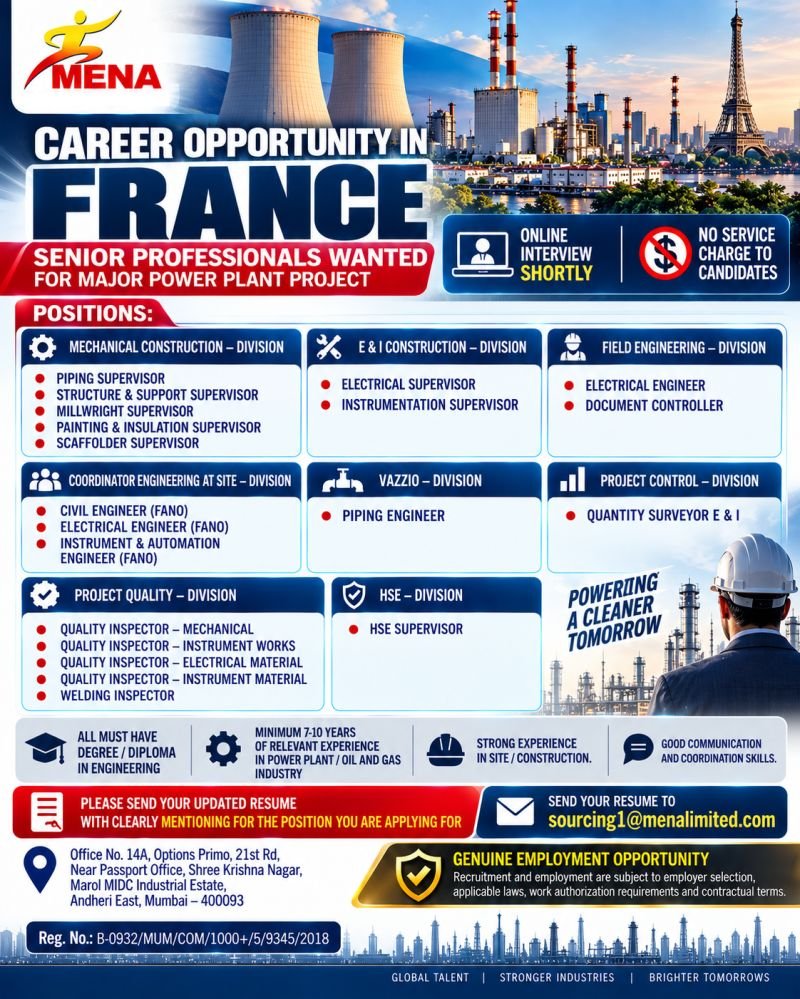 France Jobs 2026: Hiring Professionals for Major Power Plant Project