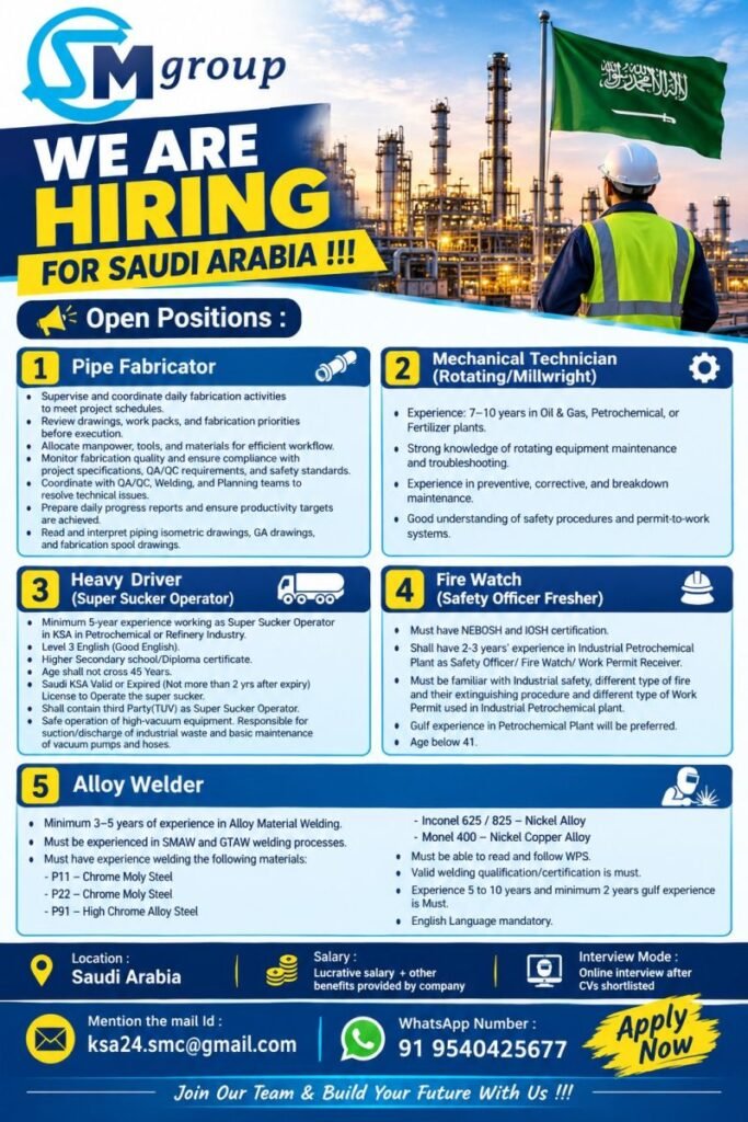 Saudi Arabia : Hiring skilled professionals in the Oil & Gas, Petrochemical & Industrial sectors