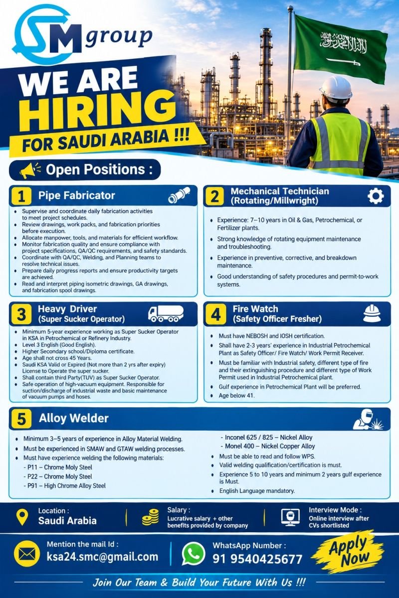Saudi Arabia : Hiring skilled professionals in the Oil & Gas, Petrochemical & Industrial sectors