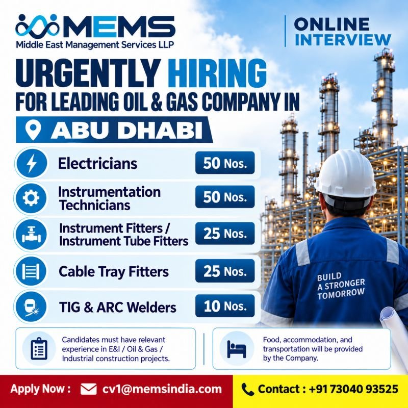 Urgent hiring for a leading Oil & Gas company in Abu Dhabi
