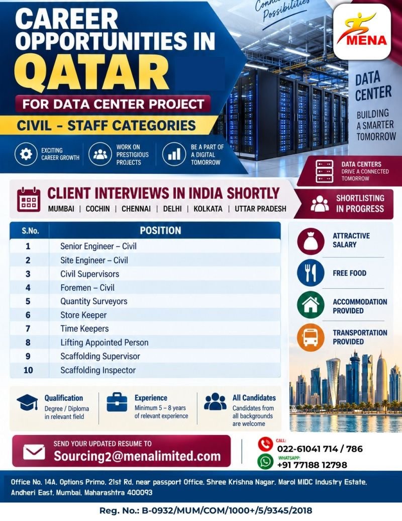 hiring Civil Staff Categories for a prestigious Data Center Project in Qatar
