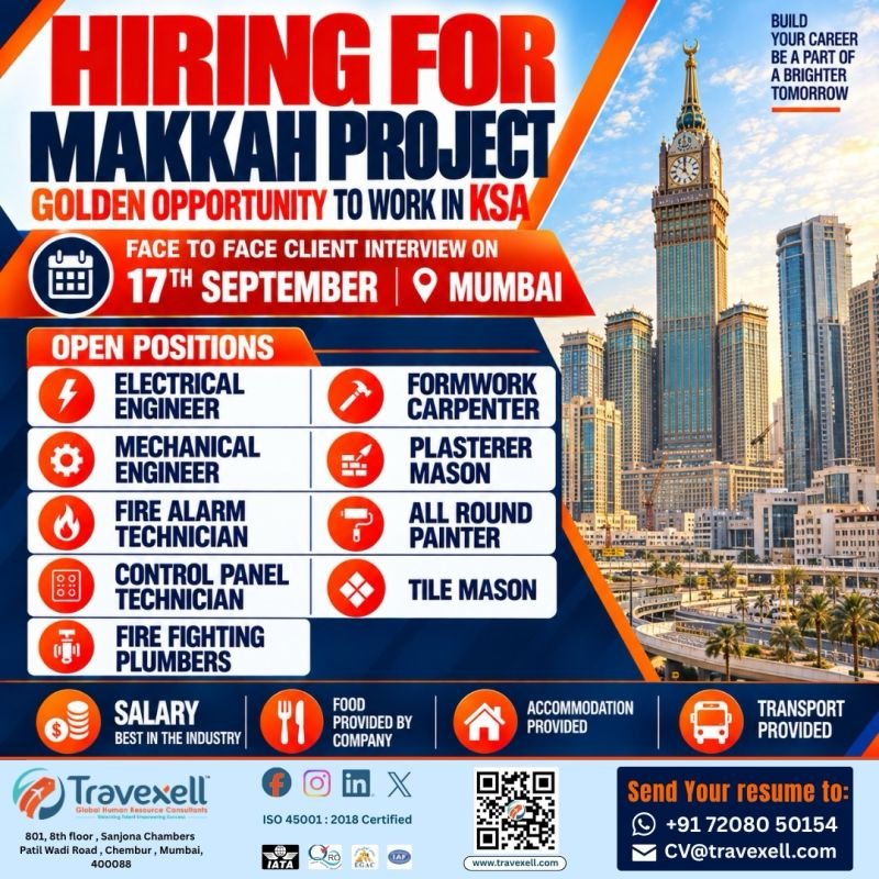 Saudi Arabia Jobs 2026: Makkah Project Hiring for Engineers, Technicians, Masons and Carpenters