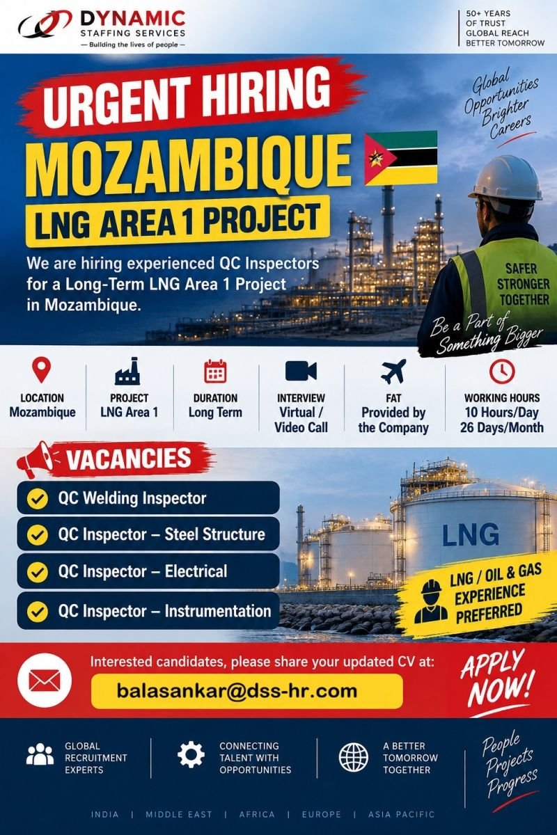 hiring experienced QC Inspectors for a Long-Term LNG Project in Mozambique