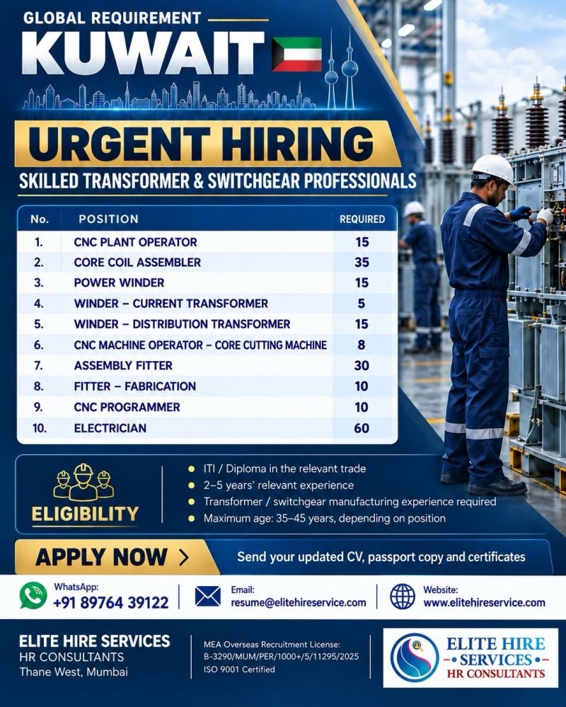 Hiring skilled Transformer and Switchgear professionals for opportunities in Kuwait.