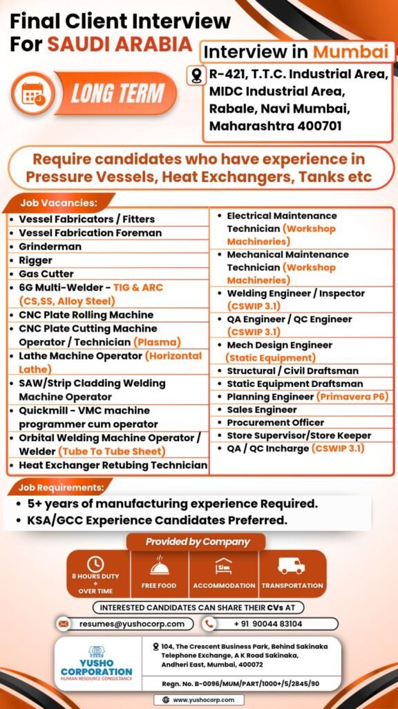 Saudi Arabia : Hiring for Pressure Vessel, Heat Exchanger, and Tank Manufacturing industry