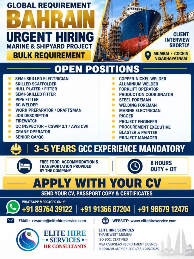Bahrain : Hiring for a major Marine and Shipyard Project.