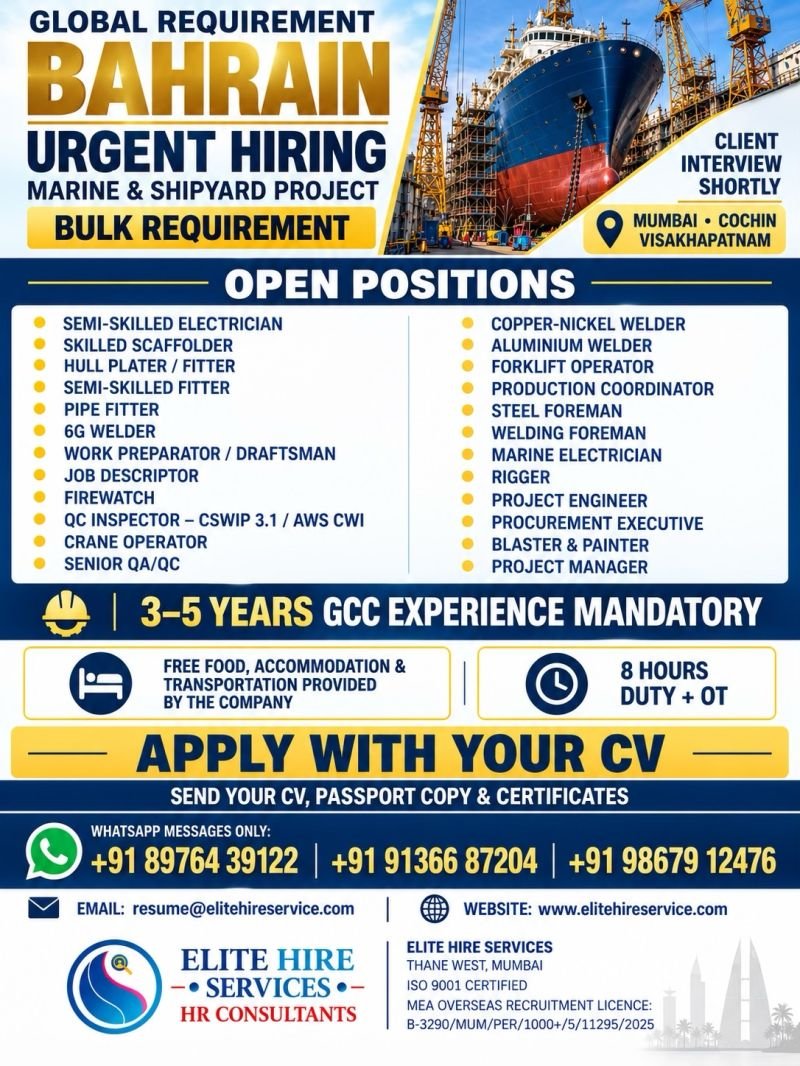 Bahrain : Hiring for a major Marine and Shipyard Project.