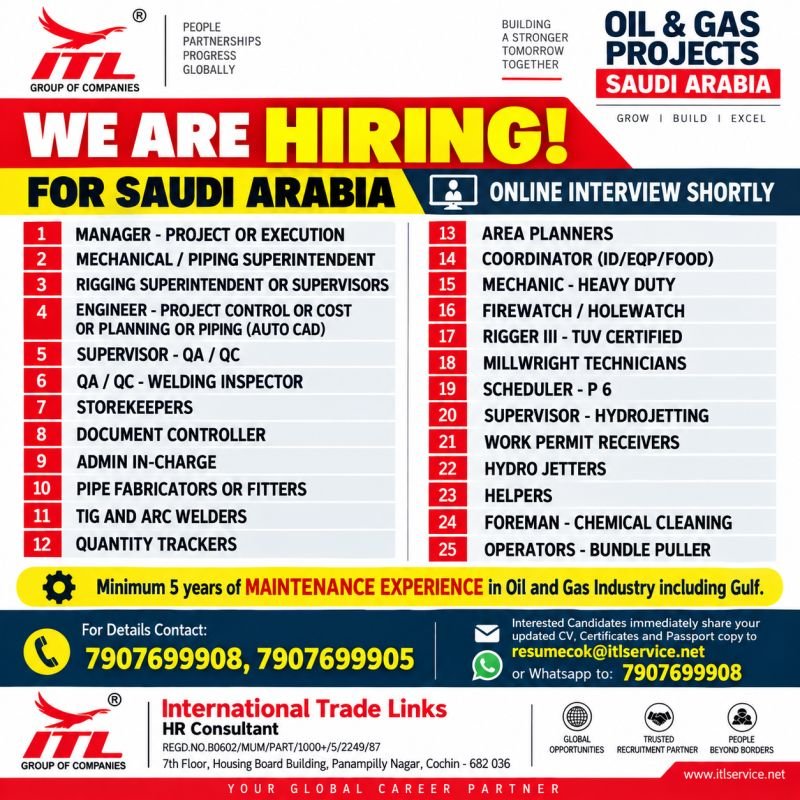 Hiring Oil & Gas professionals for upcoming projects in Saudi Arabia.
