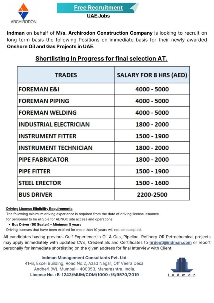 UAE Jobs 2026 – Free Recruitment for Onshore Oil & Gas Projects