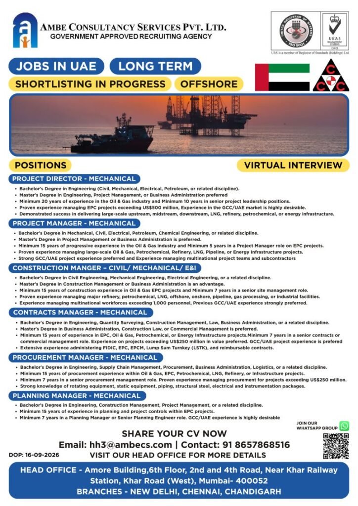 Hiring for prestigious Oil & Gas EPC projects in Abu Dhabi, UAE