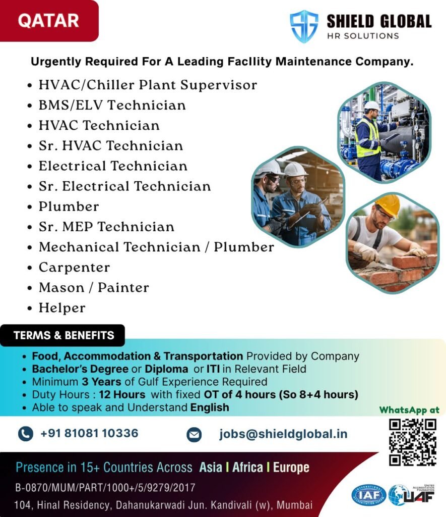 Qatar Jobs 2026 – Facility Maintenance Company Hiring HVAC, Electrical & MEP Technicians