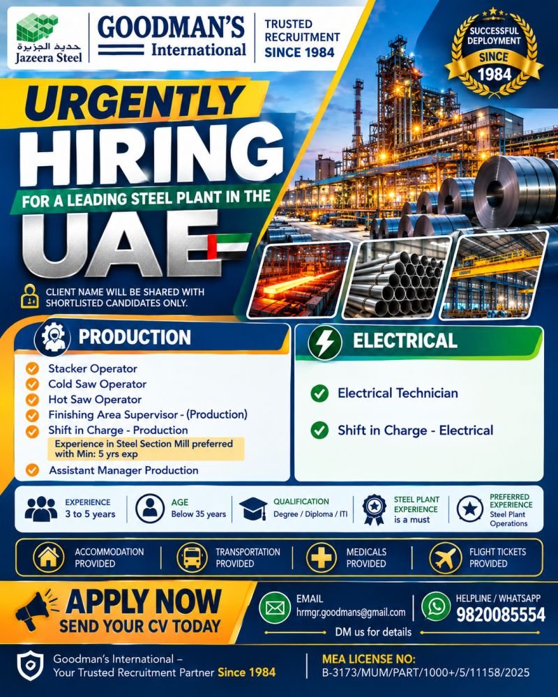 UAE Jobs 2026 – Steel Plant Vacancies | Production & Electrical Jobs