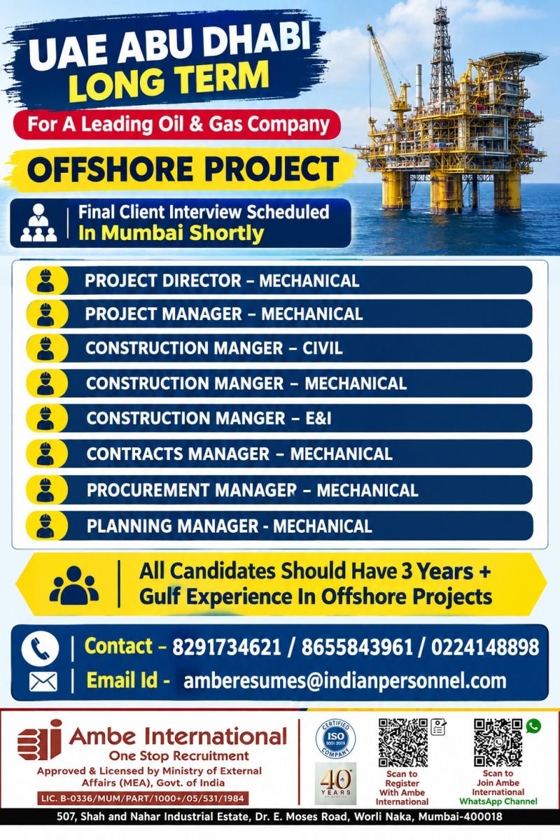 UAE Abu Dhabi Jobs 2026 – Offshore Oil & Gas Project | Management Vacancies