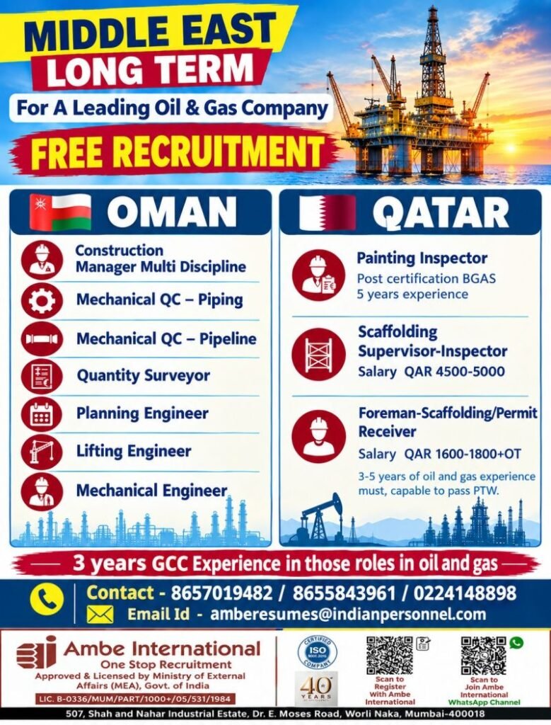 Oman and Qatar Jobs 2026 – Oil & Gas Recruitment | Engineers, QC, Scaffolding & Inspection Vacancies
