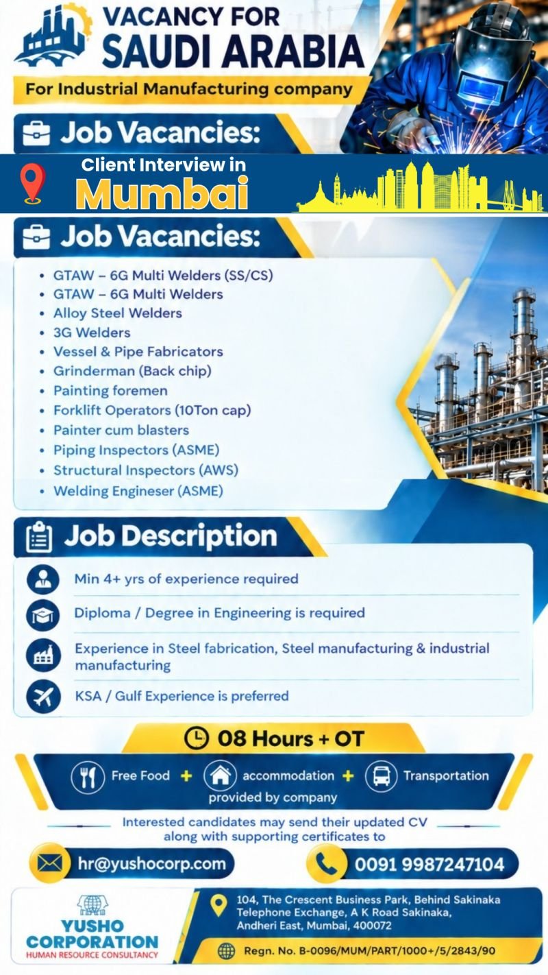 Hiring for Saudi Arabia – Industrial Manufacturing Company