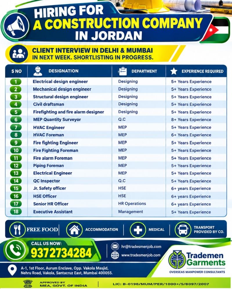 Jordan Jobs 2026 – Construction Company Hiring | Engineering, MEP & HSE Vacancies Jordan Jobs 2026 – Construction Company Hiring | Engineering, MEP & HSE Vacancies