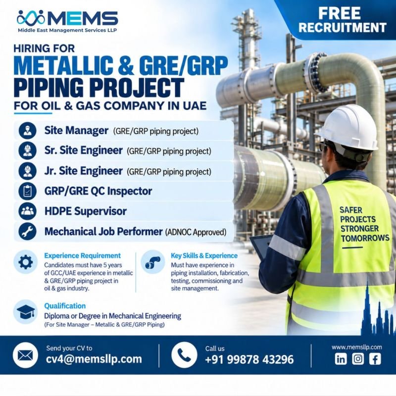 UAE :  Hiring for a Metallic & GRE/GRP Piping Project.