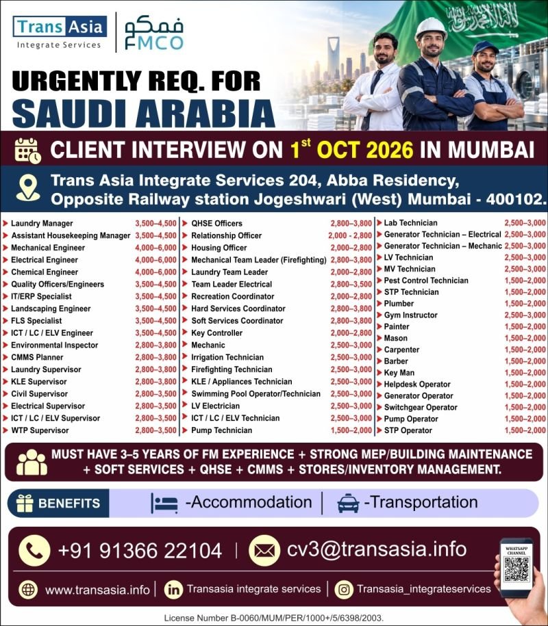 Urgent Hiring For FMCO Saudi Arabia