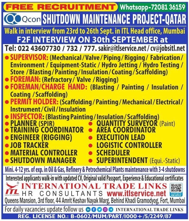 Qatar QCON Shutdown Maintenance Jobs 2026 – Walk-in Interview 