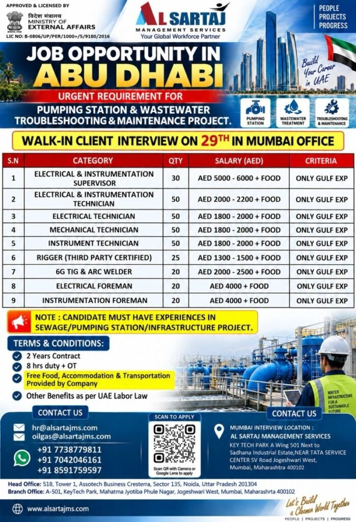 UAE : Hiring For Pumping Station & Wastewater Troubleshooting & Maintenance Project in Abu Dhabi